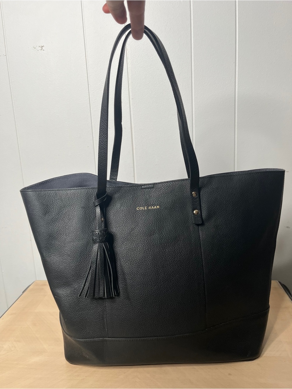 Cole Haan Black Pebbled Leather Tassel Tote Snap Closure